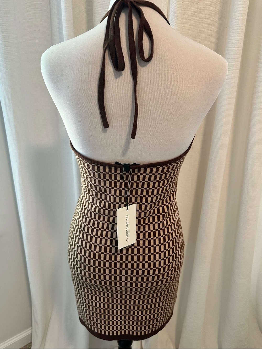 Cotton Candy Brown & Cream Checker Halter Mini Dress - Picture 7 of 9